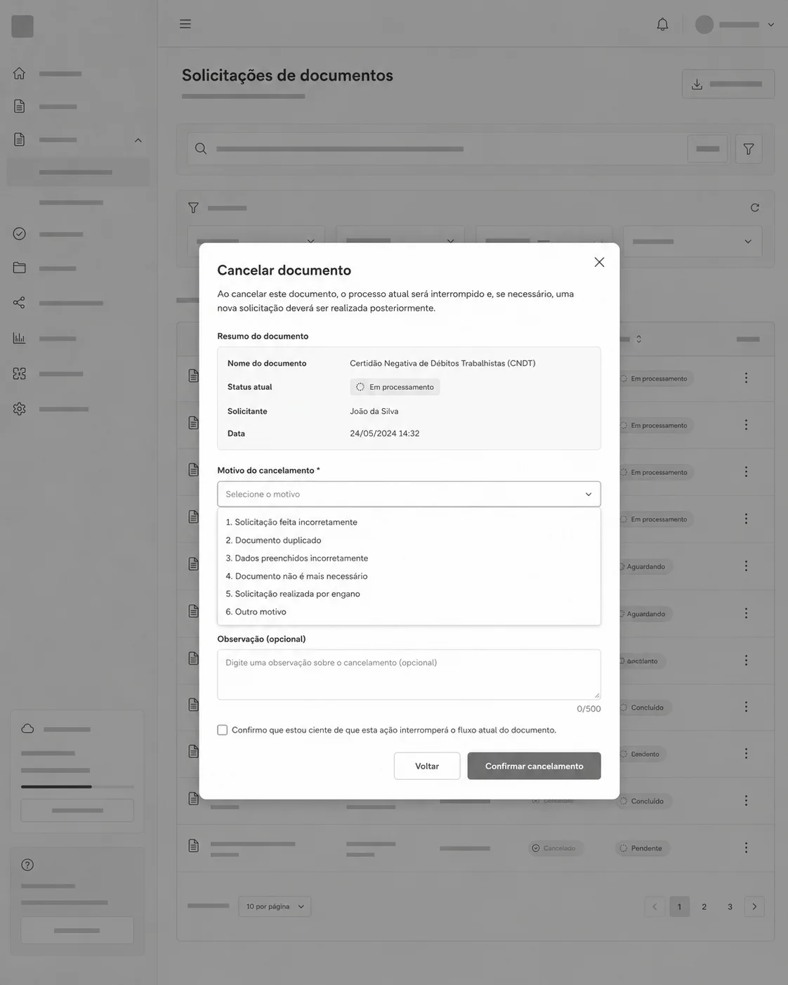 Cancellation modal with required reason